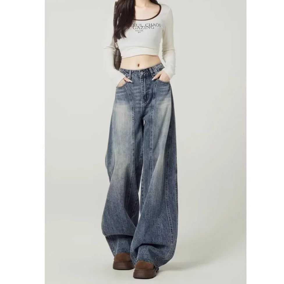 Blue Women's High Waist Barrel Leg Jeans — Amber Wide-Leg Washed High-Waisted - Front Full