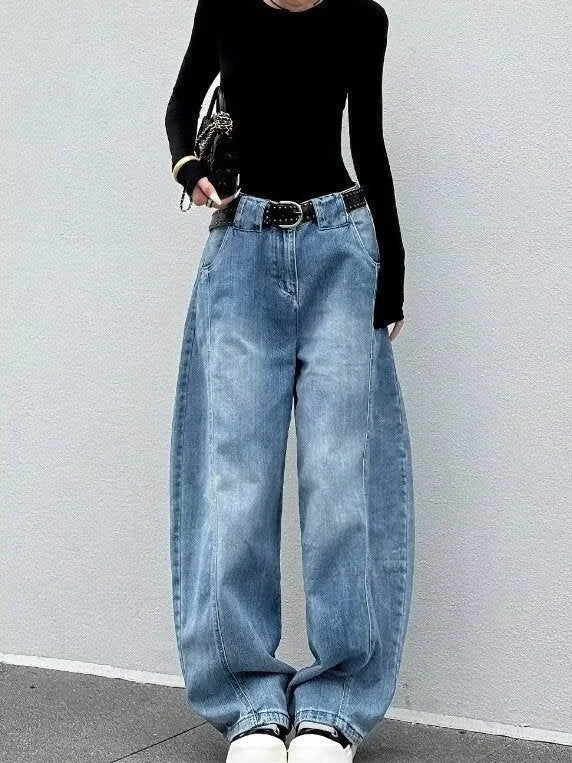Blue Women's High Waist Barrel Leg Jeans — Yvonne Washed Denim Wide-Leg - Front Full