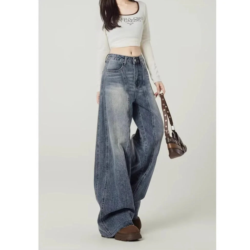 Blue Women's High Waist Barrel Leg Jeans — Amber Wide-Leg Washed High-Waisted - Side Pose