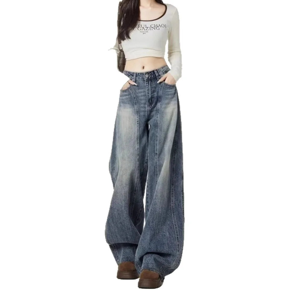Blue Women's High Waist Barrel Leg Jeans — Amber Wide-Leg Washed High-Waisted - Studio White