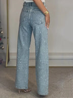 Light Blue Women's High Waist Straight Jeans — Adelaide Sparkly Rhinestone Party - Back Full