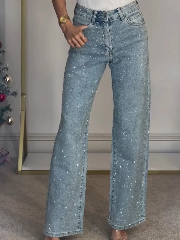 Light Blue Women's High Waist Straight Jeans — Adelaide Sparkly Rhinestone Party - Front Full