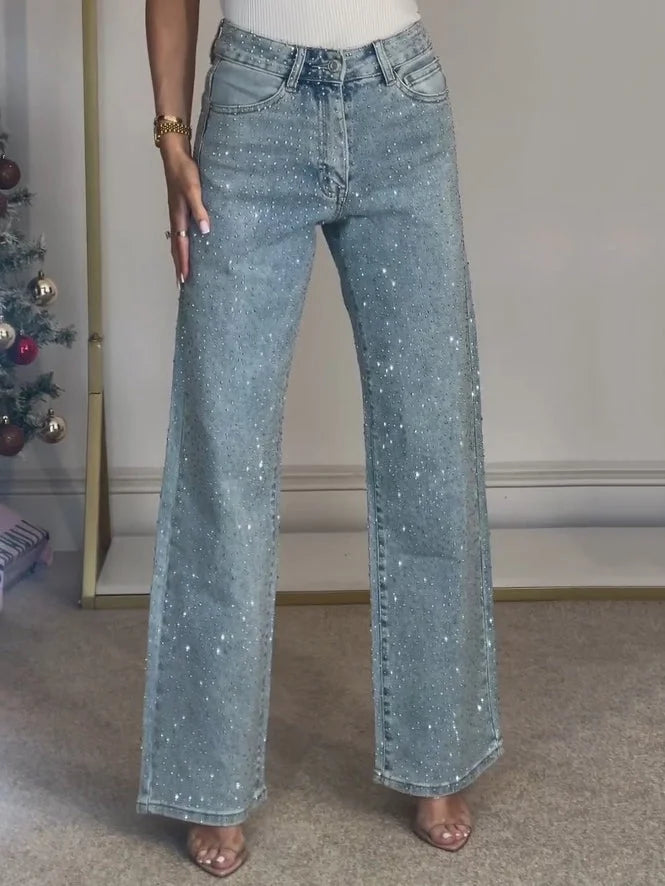 Light Blue Women's High Waist Straight Jeans — Adelaide Sparkly Rhinestone Party - Front Pose