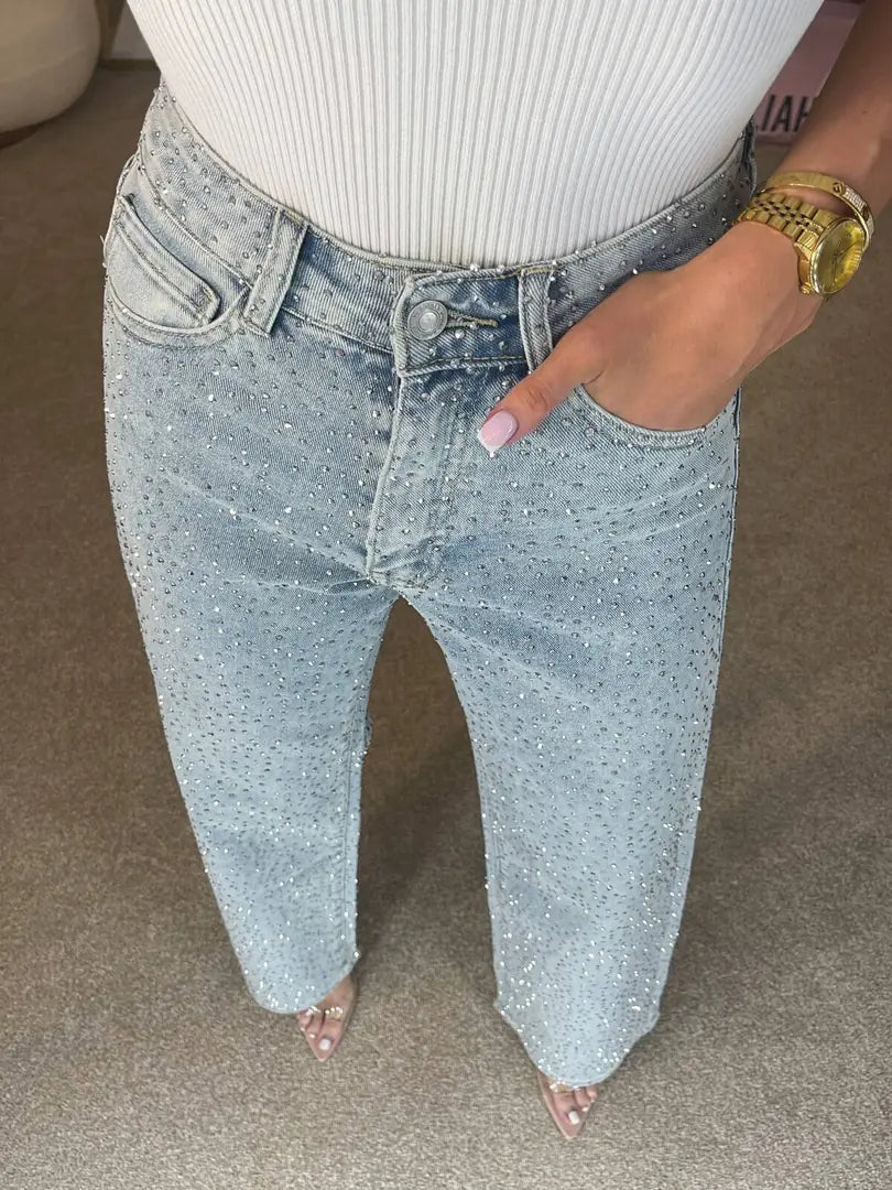 Light Blue Women's High Waist Straight Jeans — Adelaide Sparkly Rhinestone Party - Waist Detail
