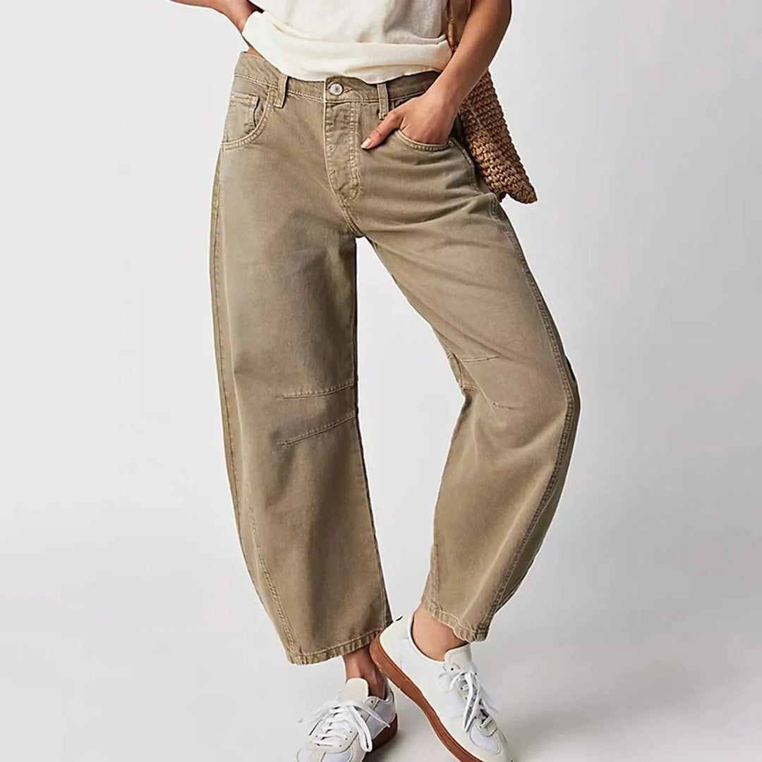 Beige Women's High-Waisted Barrel Jeans — Rhea Denim Wide-Leg Relaxed - Front Full Tote Bag
