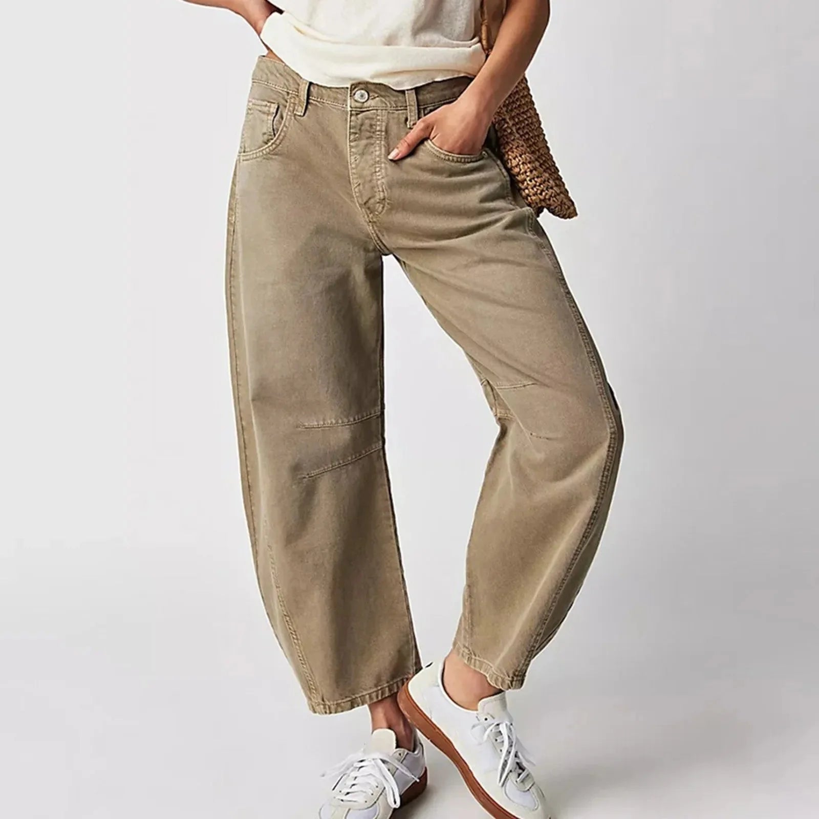Beige Women's High-Waisted Barrel Jeans — Rhea Denim Wide-Leg Relaxed - Front Full Tote Bag