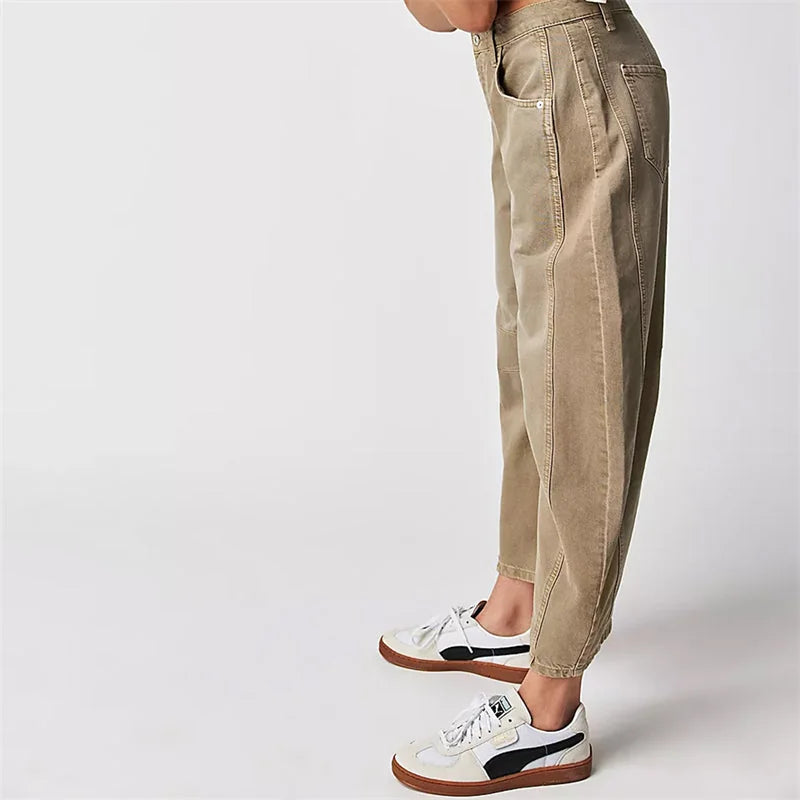 Beige Women's High-Waisted Barrel Jeans — Rhea Denim Wide-Leg Relaxed - Leg Detail Close Up