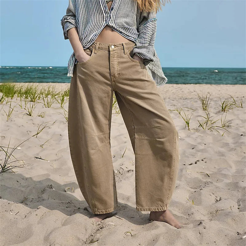 Beige Women's High-Waisted Barrel Jeans — Rhea Denim Wide-Leg Relaxed - Outdoor Beach Pose