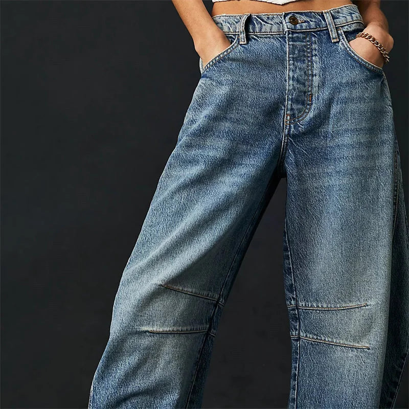 Blue Women's High-Waisted Barrel Jeans — Rhea Denim Wide-Leg Relaxed - Close Up Front Waist