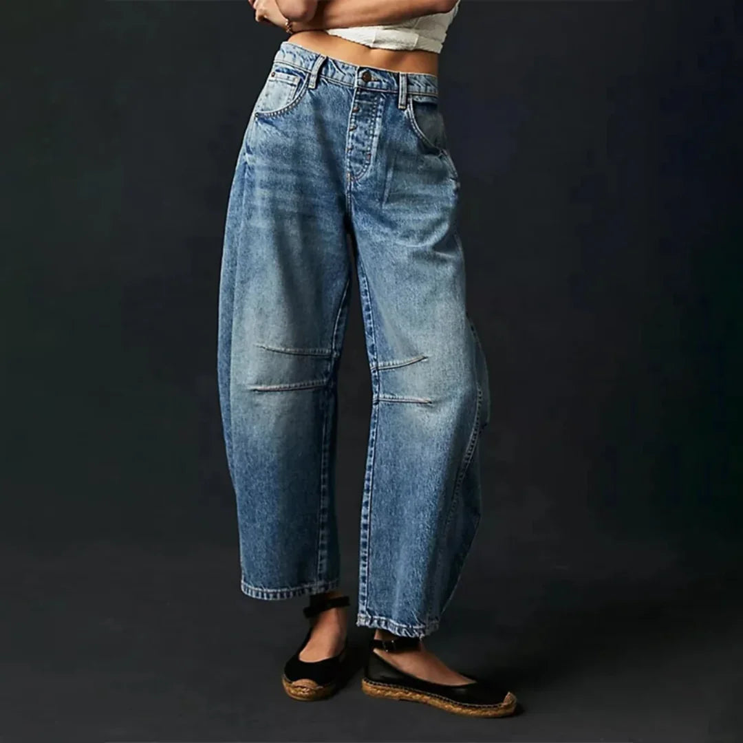 Blue Women's High-Waisted Barrel Jeans — Rhea Denim Wide-Leg Relaxed - Front Full Dark Bg