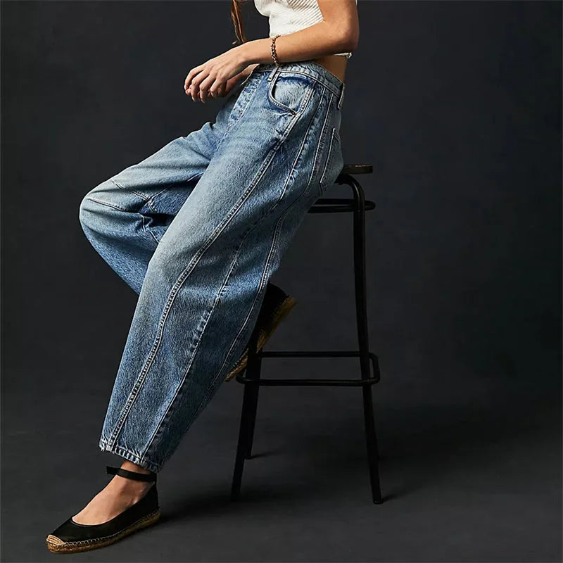 Blue Women's High-Waisted Barrel Jeans — Rhea Denim Wide-Leg Relaxed - Side Pose Stool