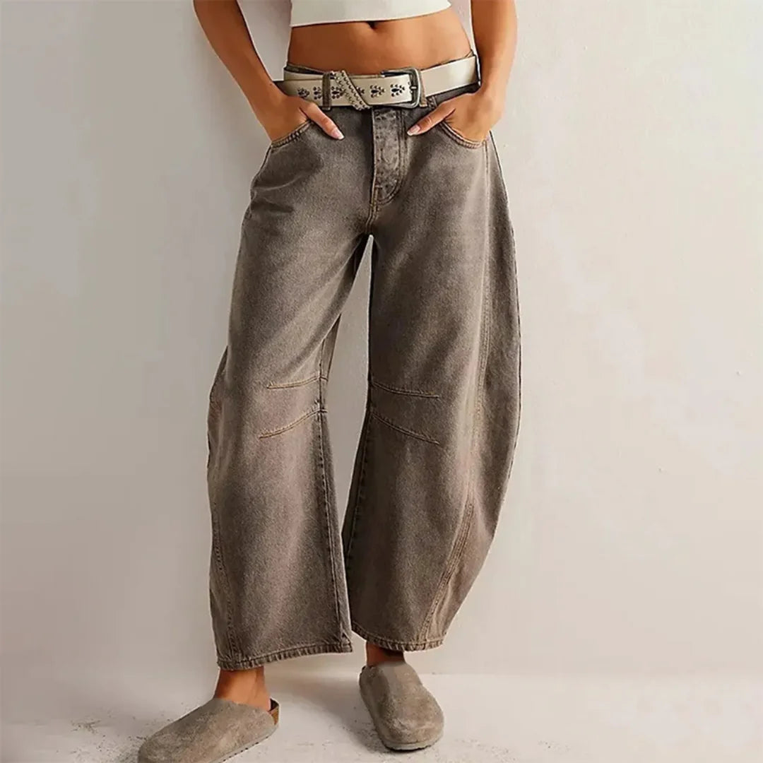 Gray Women's High-Waisted Barrel Jeans — Rhea Denim Wide-Leg Relaxed - Front Full Hands Pocket