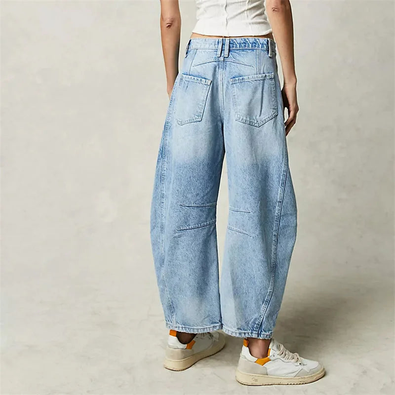 Light Blue Women's High-Waisted Barrel Jeans — Rhea Denim Wide-Leg Relaxed - Back Full Wash