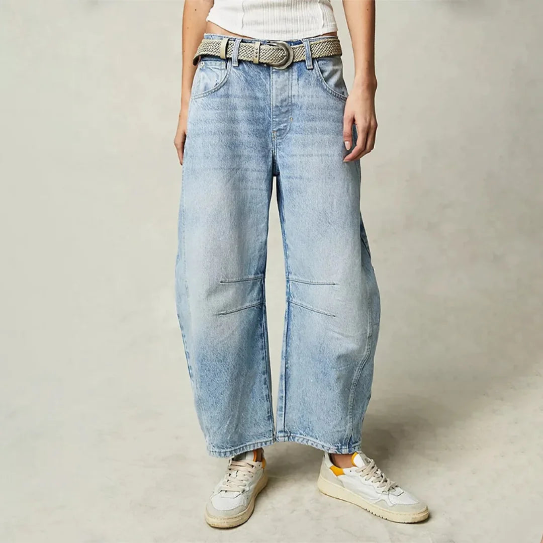 Light Blue Women's High-Waisted Barrel Jeans — Rhea Denim Wide-Leg Relaxed - Front Full Belted