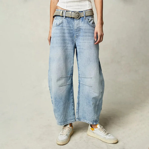 Light Blue Women's High-Waisted Barrel Jeans — Rhea Denim Wide-Leg Relaxed - Front Full Belted