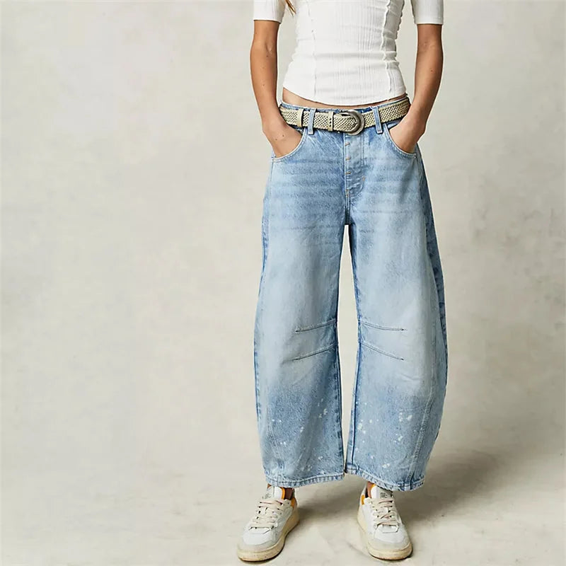 Light Blue Women's High-Waisted Barrel Jeans — Rhea Denim Wide-Leg Relaxed - Front Full Wash