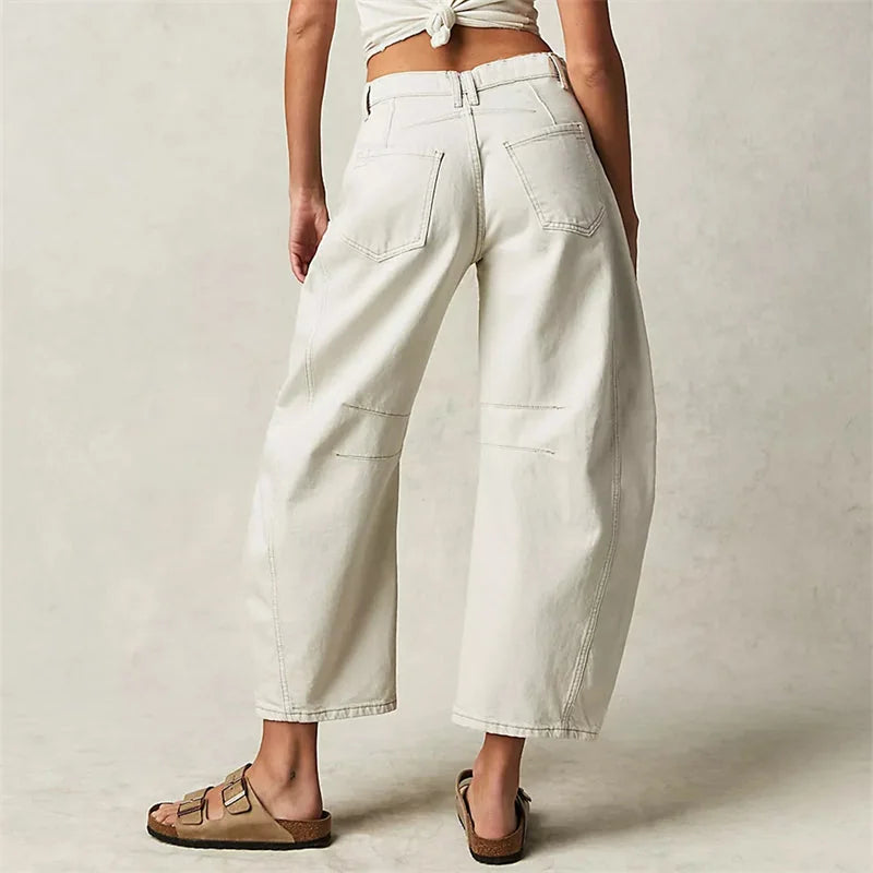 White Women's High-Waisted Barrel Jeans — Rhea Denim Wide-Leg Relaxed - Back Full Standing