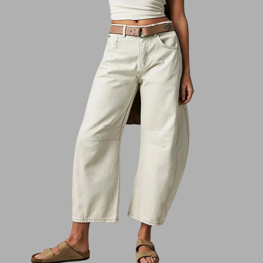 White Women's High-Waisted Barrel Jeans — Rhea Denim Wide-Leg Relaxed - Front Full Side Slit