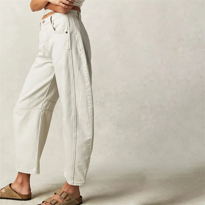 White Women's High-Waisted Barrel Jeans — Rhea Denim Wide-Leg Relaxed - Side Detail Seam
