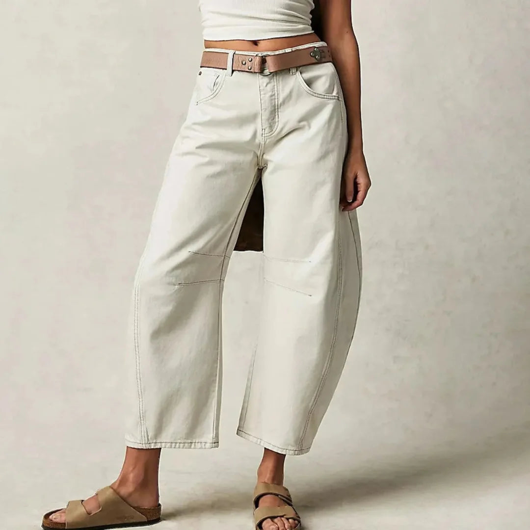 White Women's High-Waisted Barrel Jeans — Rhea Denim Wide-Leg Relaxed - Side Pose Belted