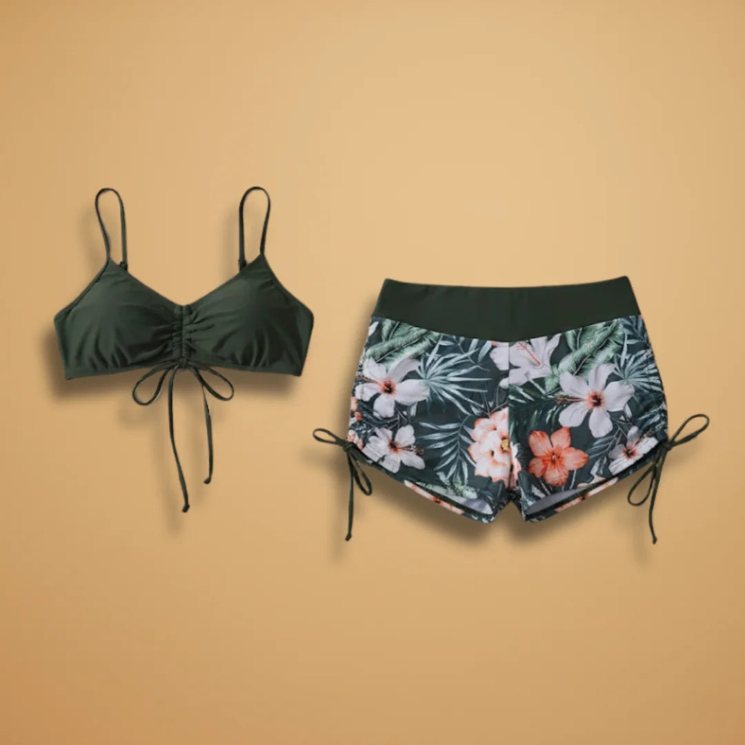 Dark Green Women's High Waisted Bikini Set — Jessica Tie-Front Floral Tropical - Flat Lay