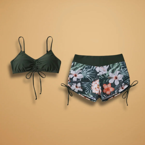 Dark Green Women's High Waisted Bikini Set — Jessica Tie-Front Floral Tropical - Flat Lay