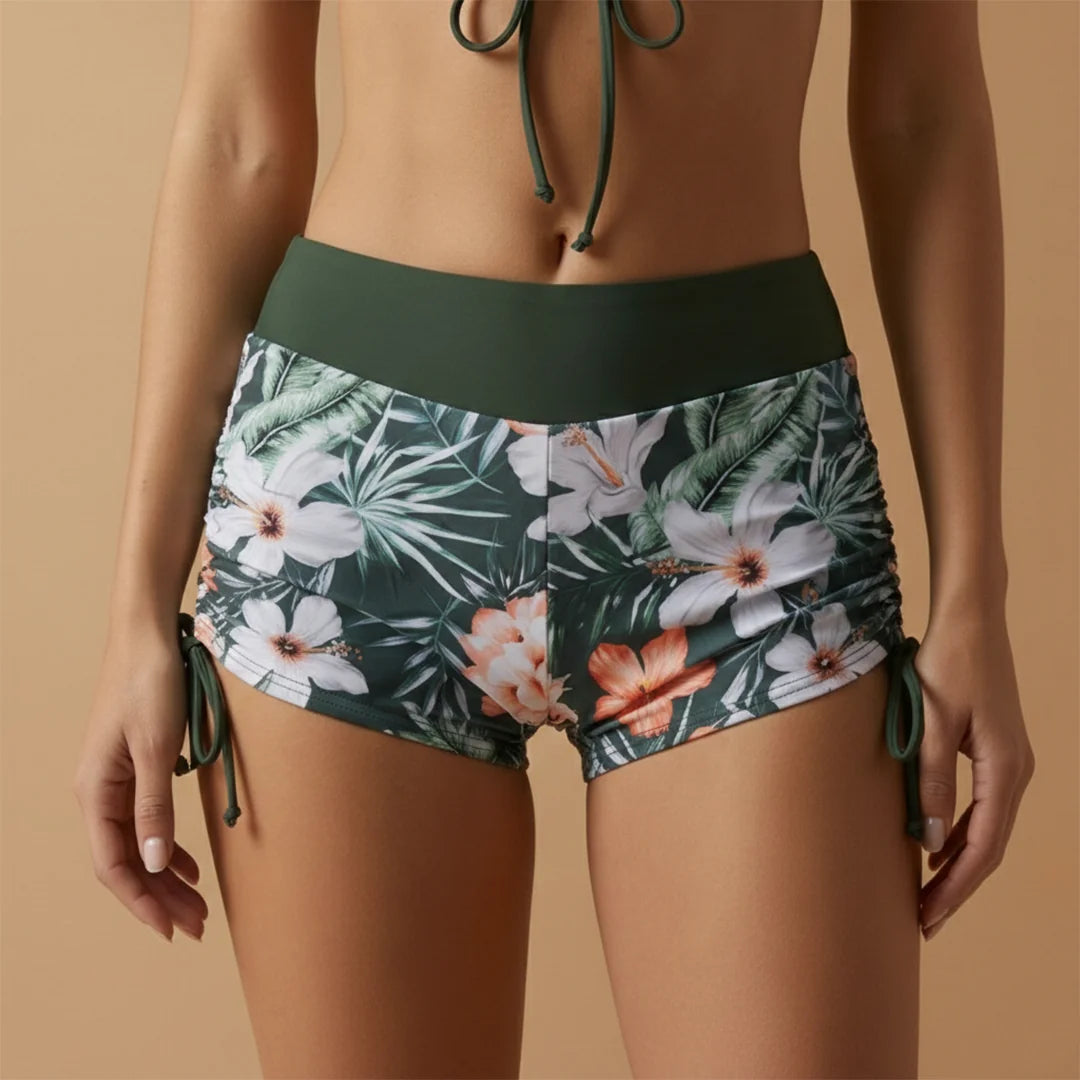 Dark Green Women's High Waisted Bikini Set — Jessica Tie-Front Floral Tropical - Shorts Detail