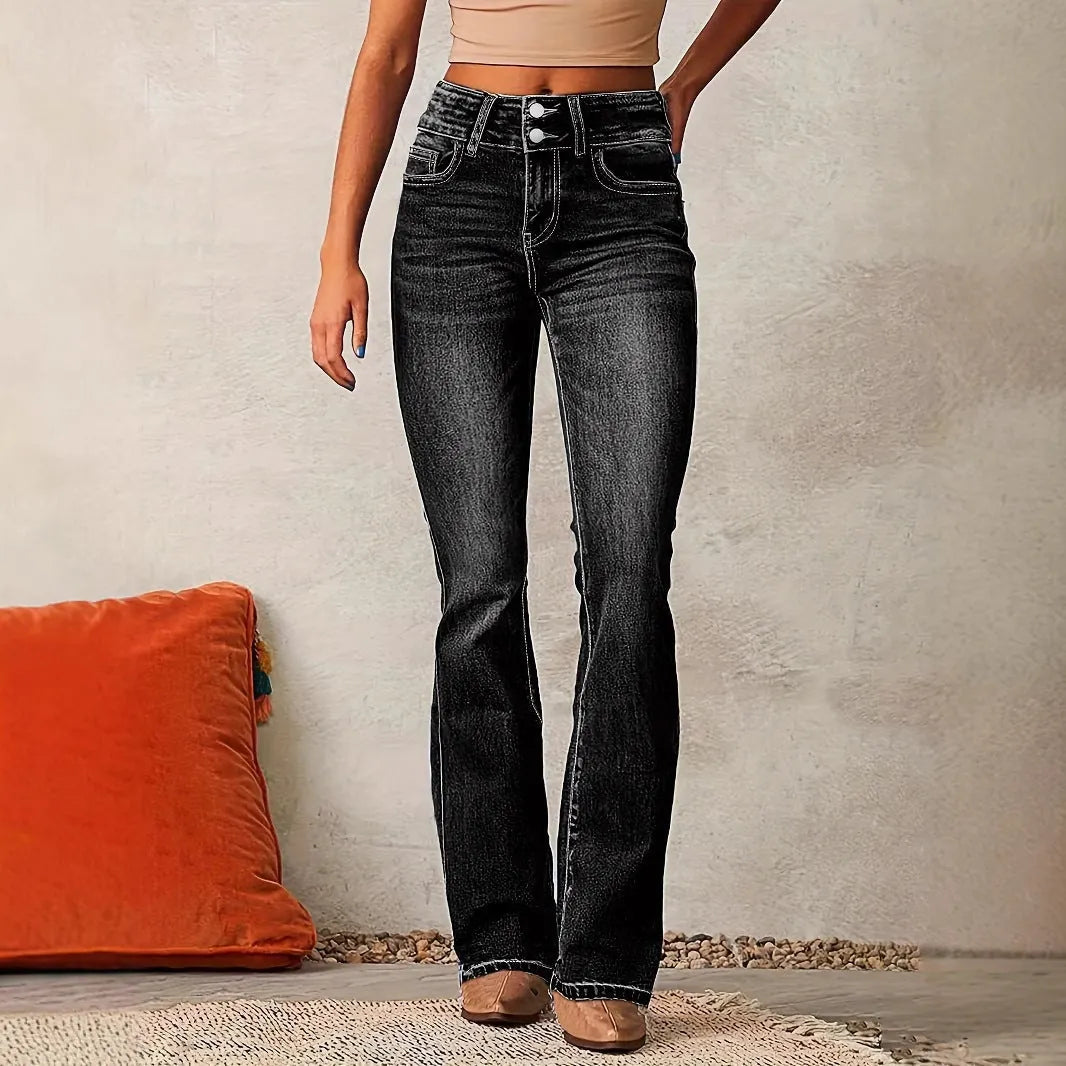 Black Women's High-Waisted Bootcut Jeans — Constance Contrast-Stitch Double-Button - Front Full Closer