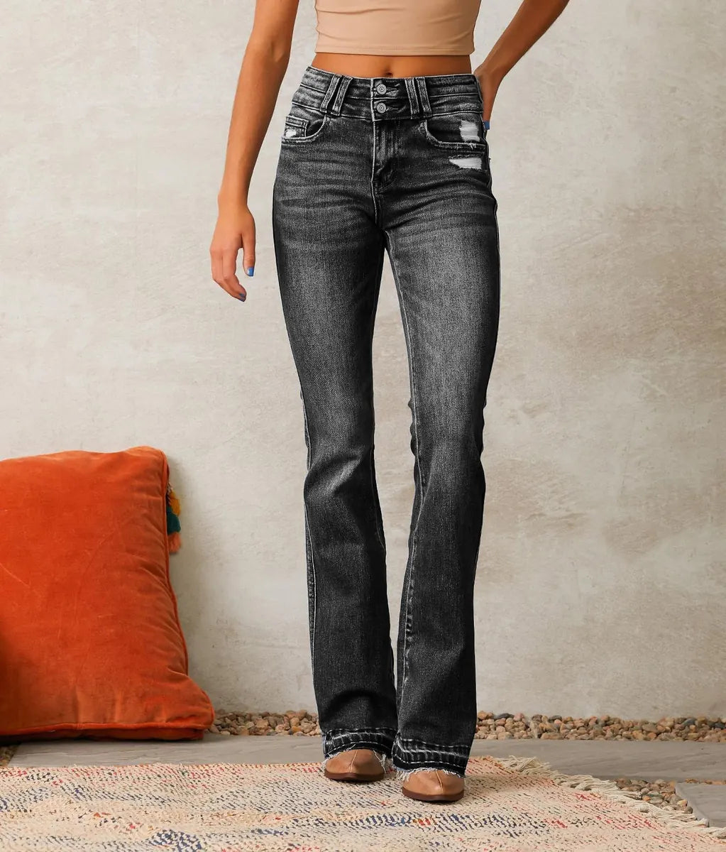 Black Women's High-Waisted Bootcut Jeans — Talia Button-Front Frayed-Hem Vintage - Front Full Dark Wash