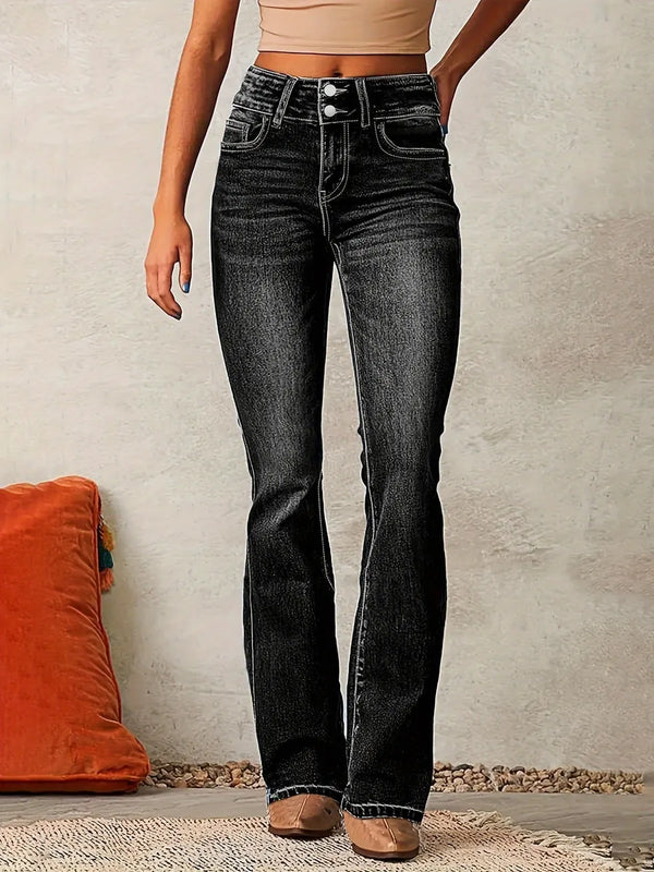 Black Women's High-Waisted Bootcut Jeans — Constance Contrast-Stitch Double-Button - Front Full Pose