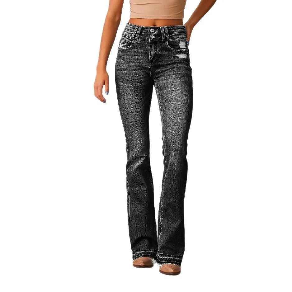 Black Women's High-Waisted Bootcut Jeans — Talia Button-Front Frayed-Hem Vintage - Front Full Studio