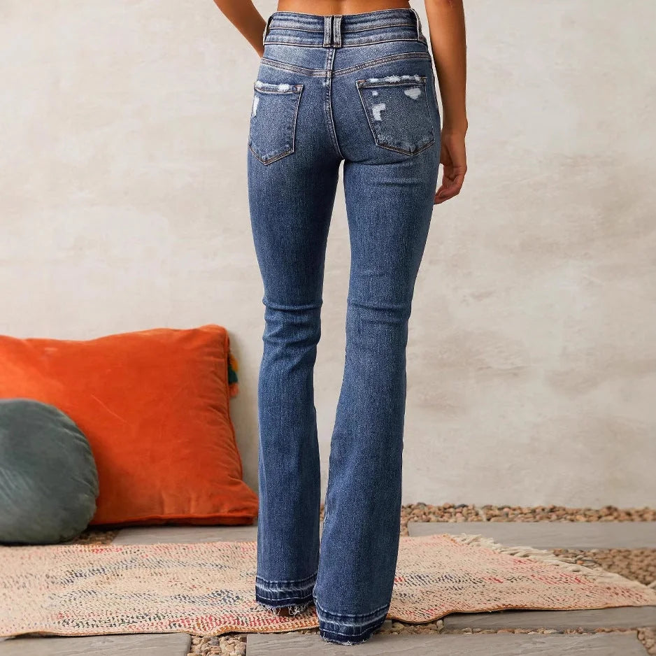 Blue Women's High-Waisted Bootcut Jeans — Talia Button-Front Frayed-Hem Vintage - Back Full Detail
