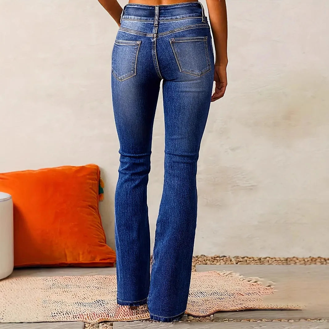 Blue Women's High-Waisted Bootcut Jeans — Constance Contrast-Stitch Double-Button - Back Full Pose