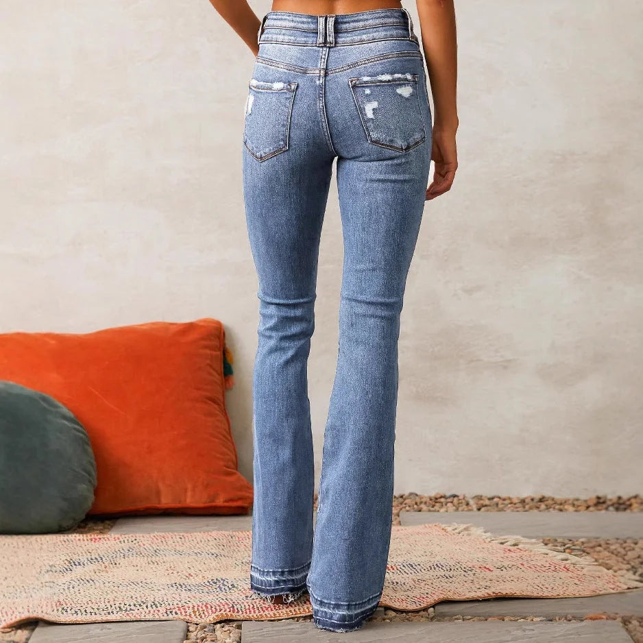 Blue Women's High-Waisted Bootcut Jeans — Talia Button-Front Frayed-Hem Vintage - Back Full Pose