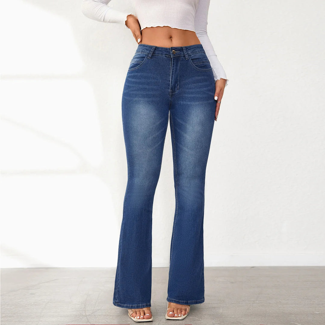 Blue Women's High-Waisted Bootcut Jeans — Kate Tailored Stretch Denim - Close Up Front Pose