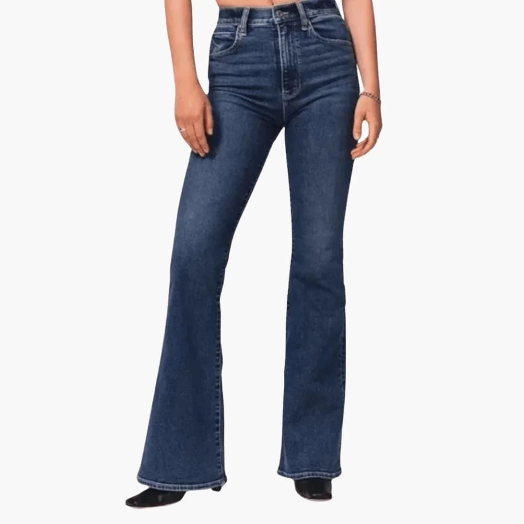 Blue Women's High-Waisted Bootcut Jeans — Tilly Everyday Flared Denim - Front Close Up
