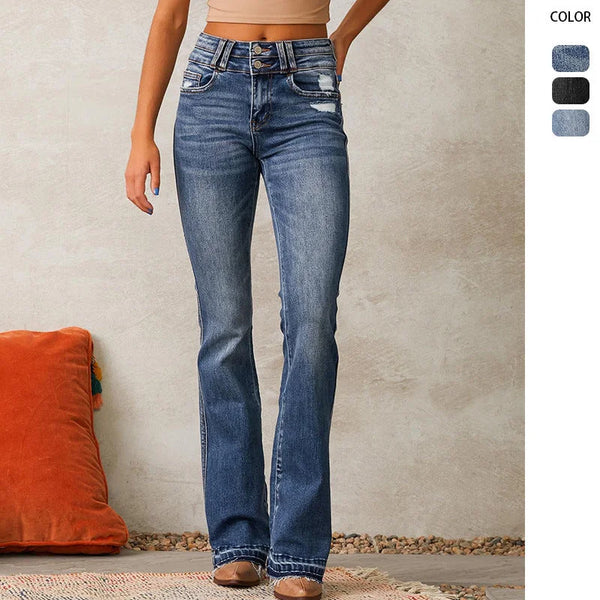 Blue Women's High-Waisted Bootcut Jeans — Talia Button-Front Frayed-Hem Vintage - Front Full Closeup