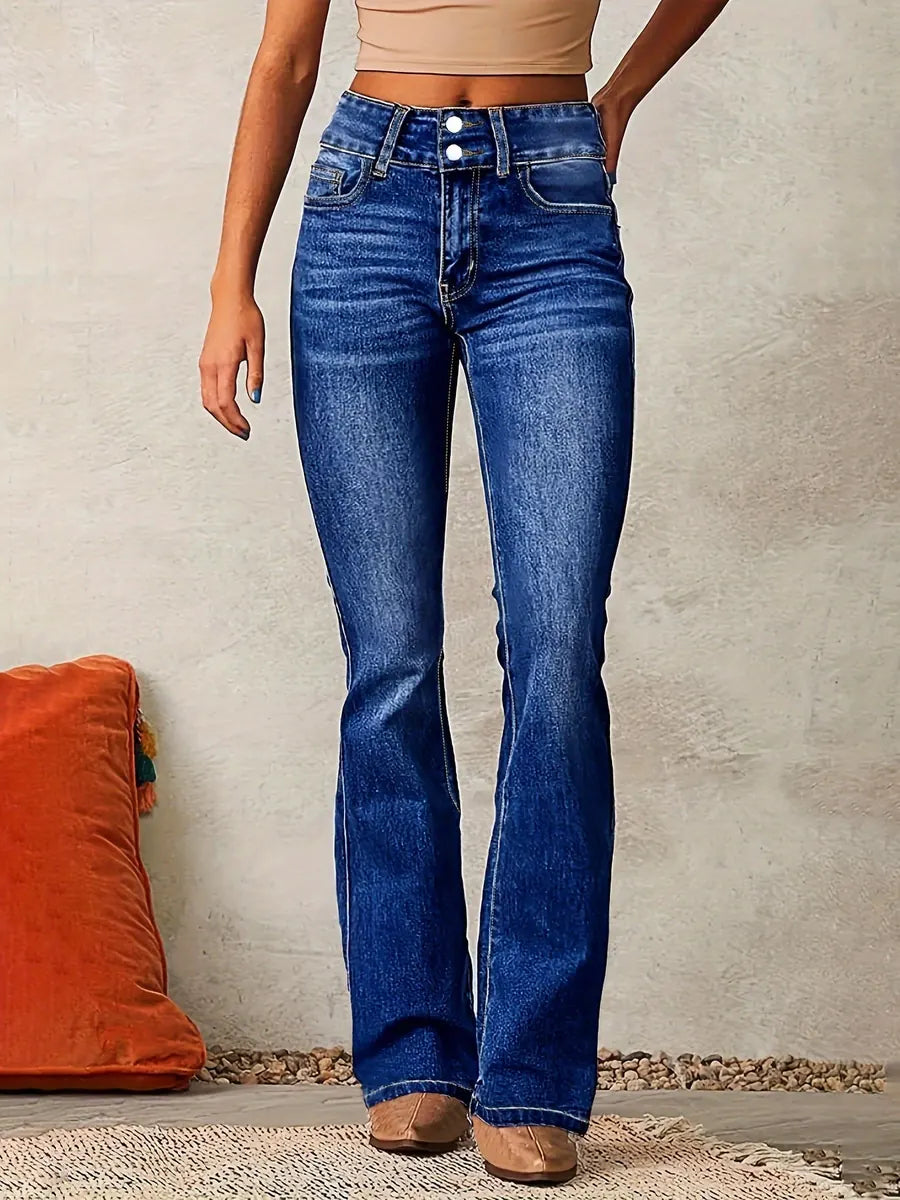Blue Women's High-Waisted Bootcut Jeans — Constance Contrast-Stitch Double-Button - Front Full Dark Wash