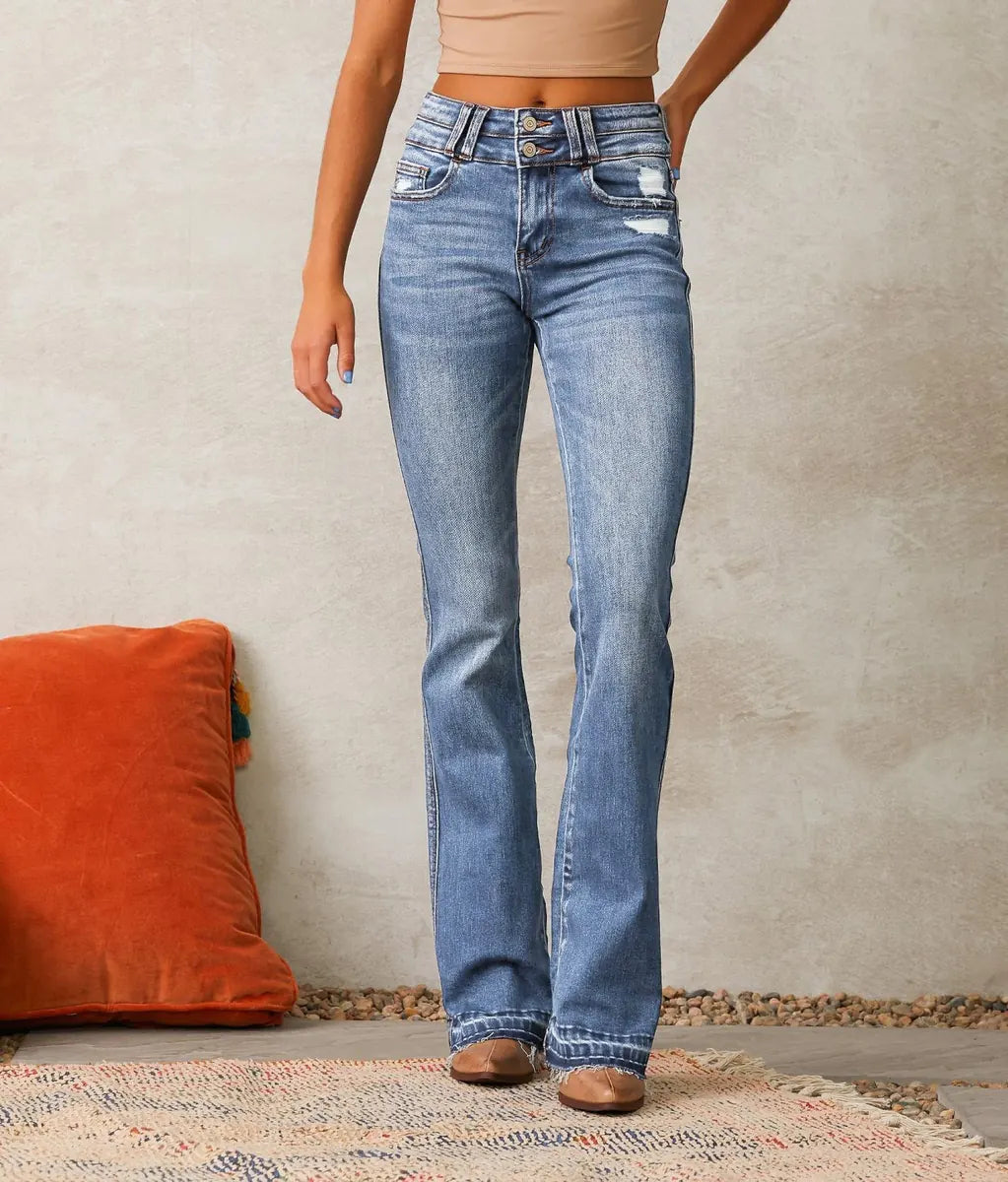 Blue Women's High-Waisted Bootcut Jeans — Talia Button-Front Frayed-Hem Vintage - Front Full Lifestyle