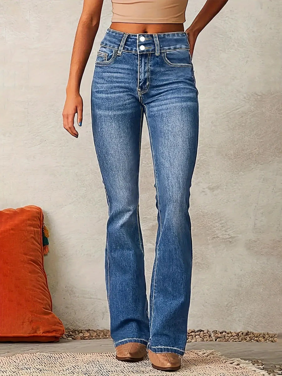 Blue Women's High-Waisted Bootcut Jeans — Constance Contrast-Stitch Double-Button - Front Full Medium Wash