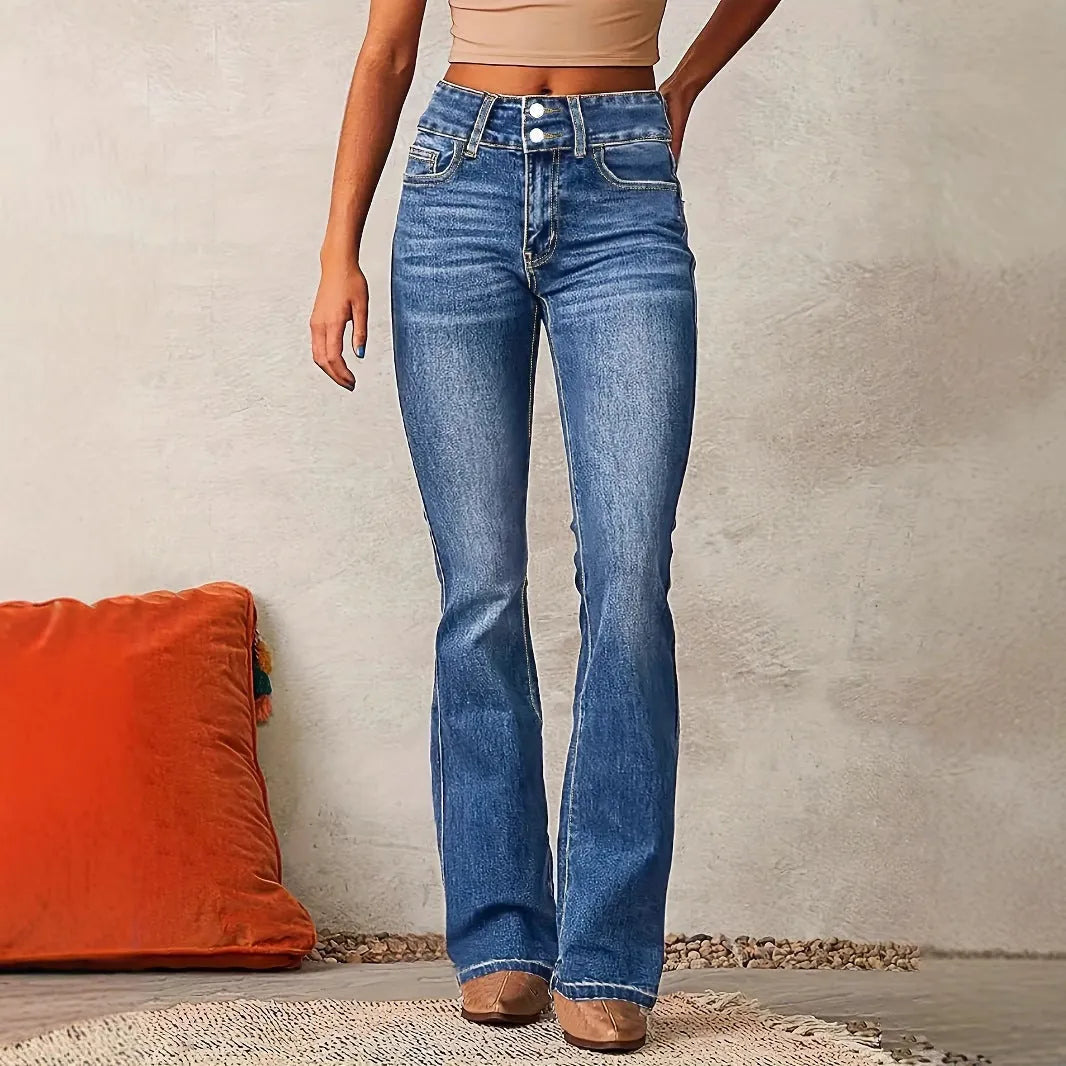 Blue Women's High-Waisted Bootcut Jeans — Constance Contrast-Stitch Double-Button - Front Full Standing