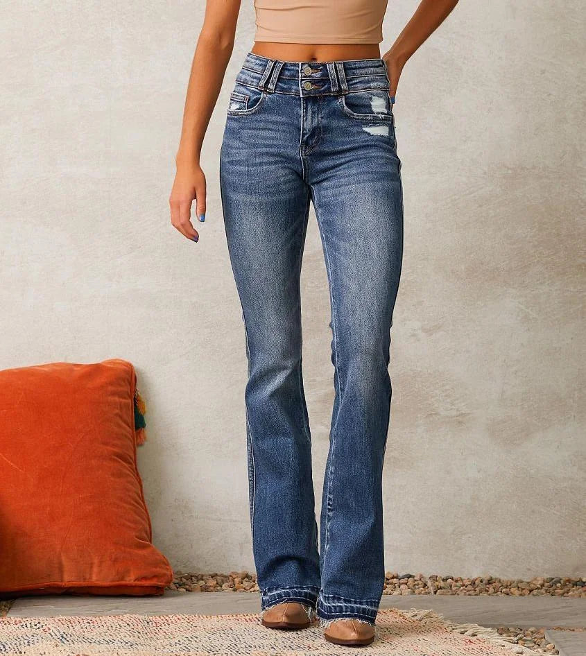 Blue Women's High-Waisted Bootcut Jeans — Talia Button-Front Frayed-Hem Vintage - Front Full Standing