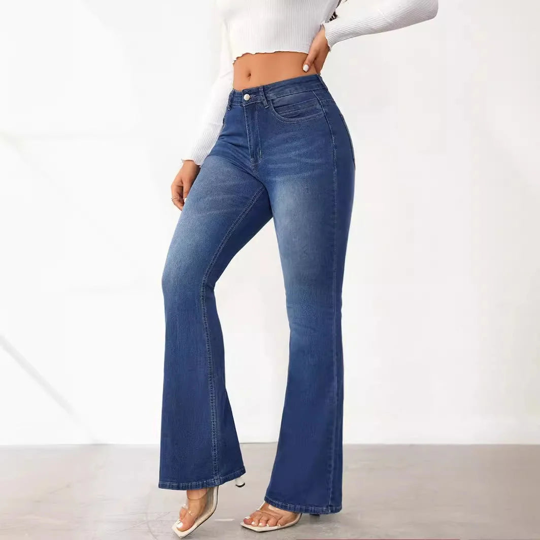Blue Women's High-Waisted Bootcut Jeans — Kate Tailored Stretch Denim - Front Side Pose