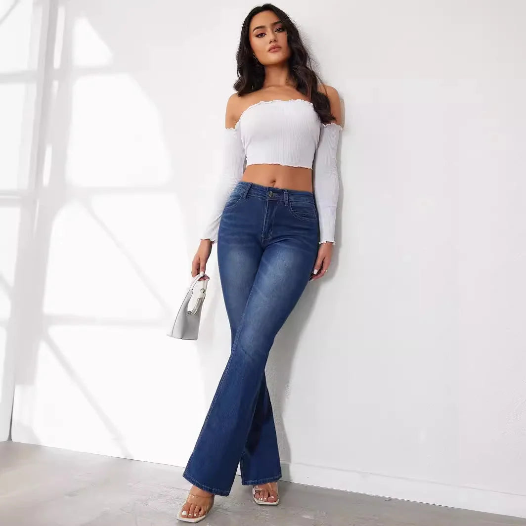 Blue Women's High-Waisted Bootcut Jeans — Kate Tailored Stretch Denim - Full Body Standing