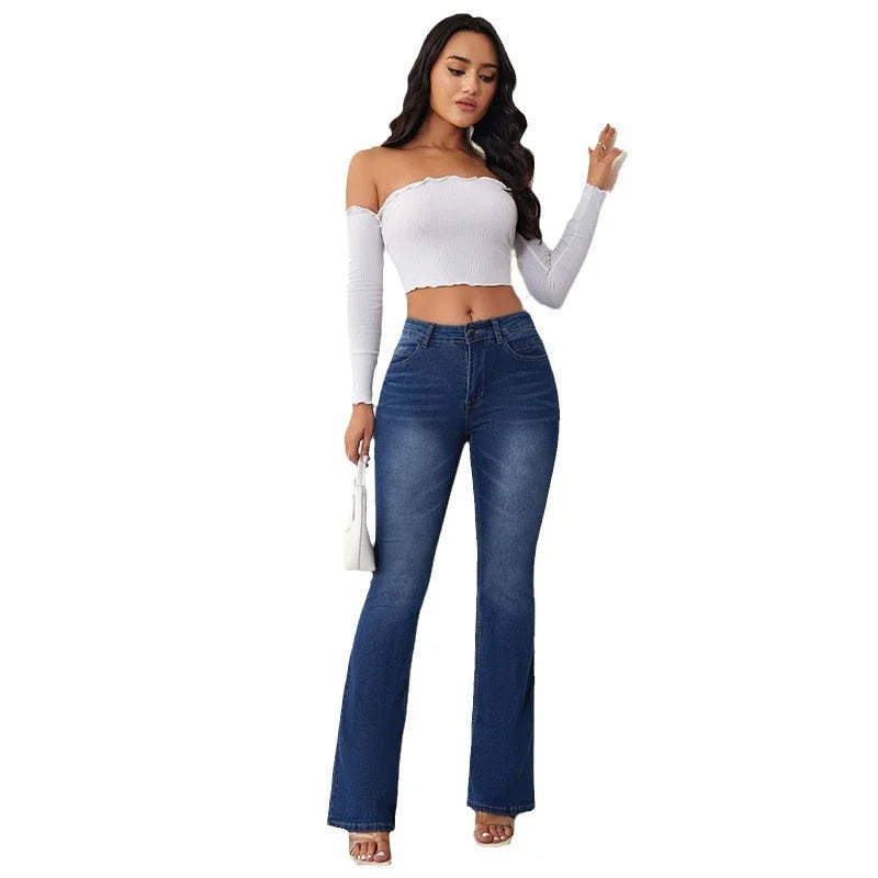 Blue Women's High-Waisted Bootcut Jeans — Kate Tailored Stretch Denim - Full Body Walking