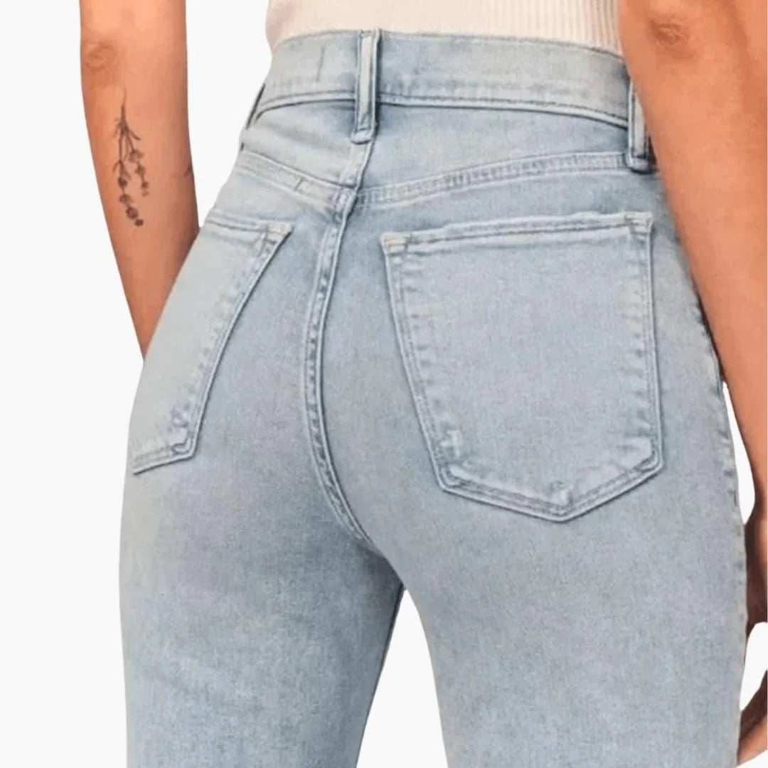Light Blue Women's High-Waisted Bootcut Jeans — Tilly Everyday Flared Denim - Back Pocket Detail