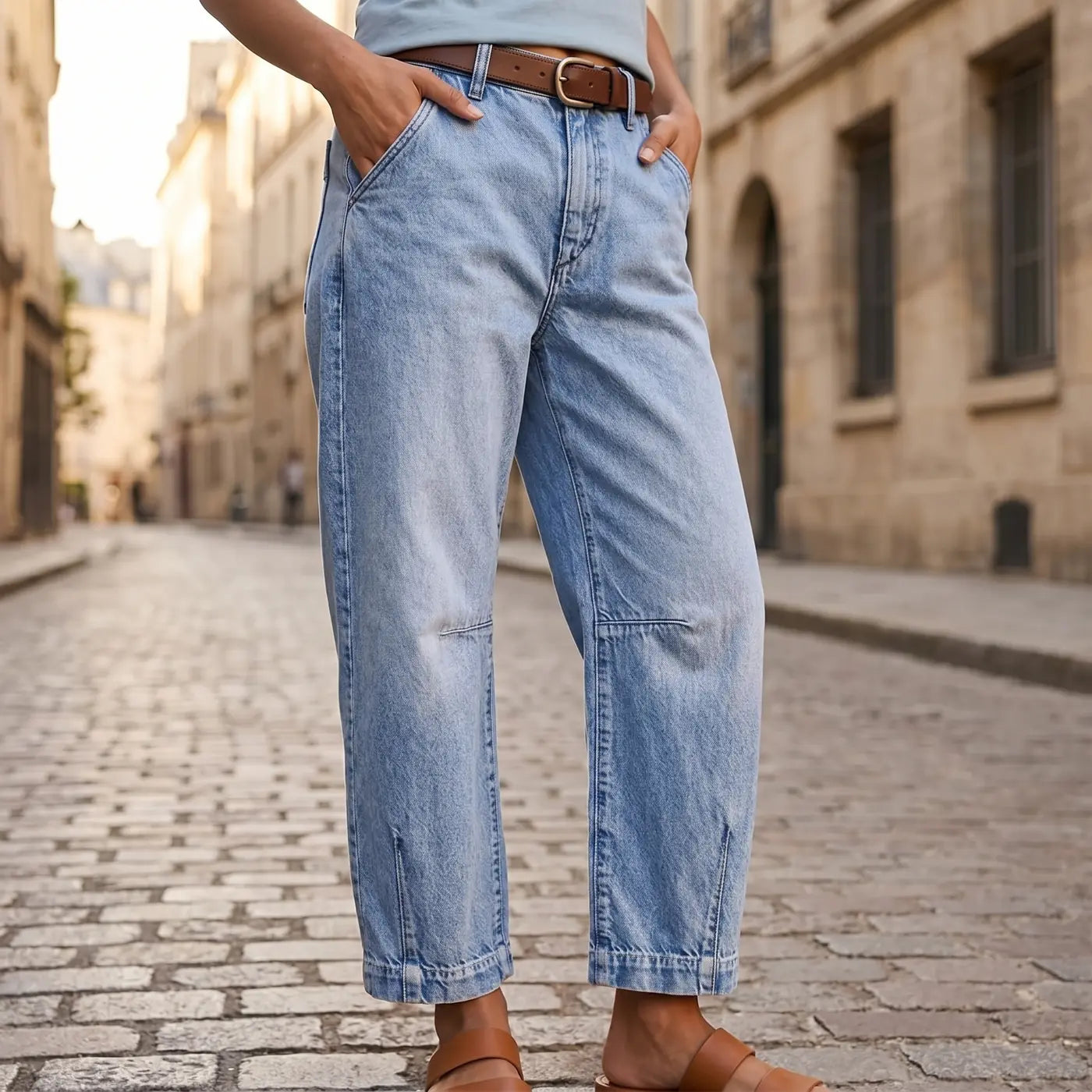 Light Blue Women's High-Waisted Cropped Barrel Jeans — Allie Relaxed Curved-Seam Pockets - Close Up Front Cobblestone