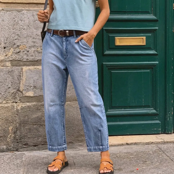 Light Blue Women's High-Waisted Cropped Barrel Jeans — Allie Relaxed Curved-Seam Pockets - Front Full Belted