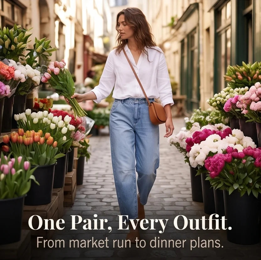 Light Blue Women's High-Waisted Cropped Barrel Jeans — Allie Relaxed Curved-Seam Pockets - Market Walking Flowers