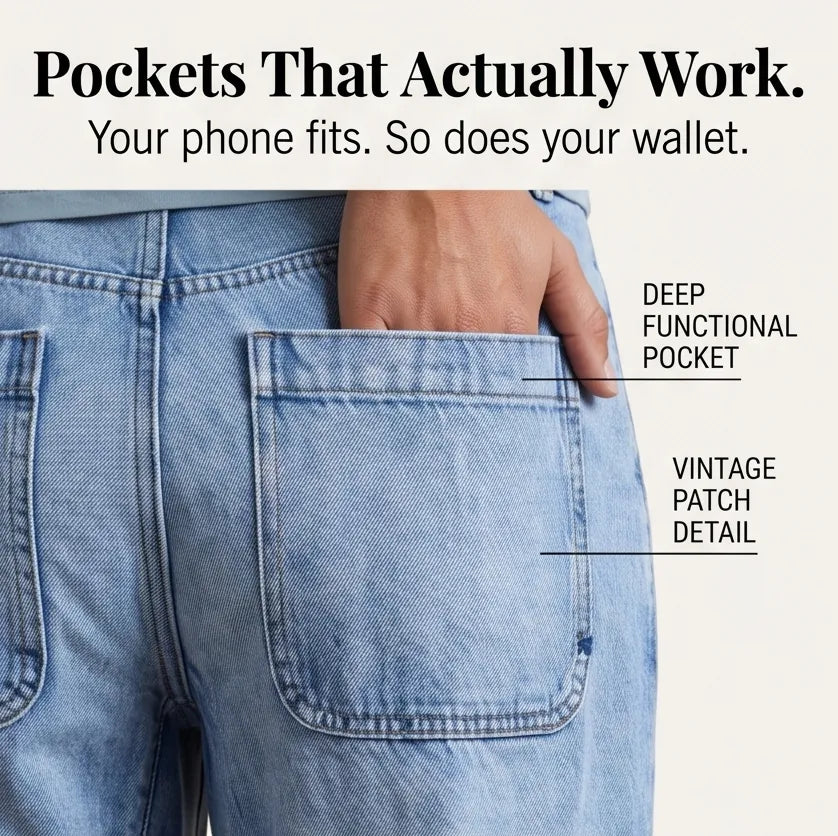 Light Blue Women's High-Waisted Cropped Barrel Jeans — Allie Relaxed Curved-Seam Pockets - Pocket Detail Infographic